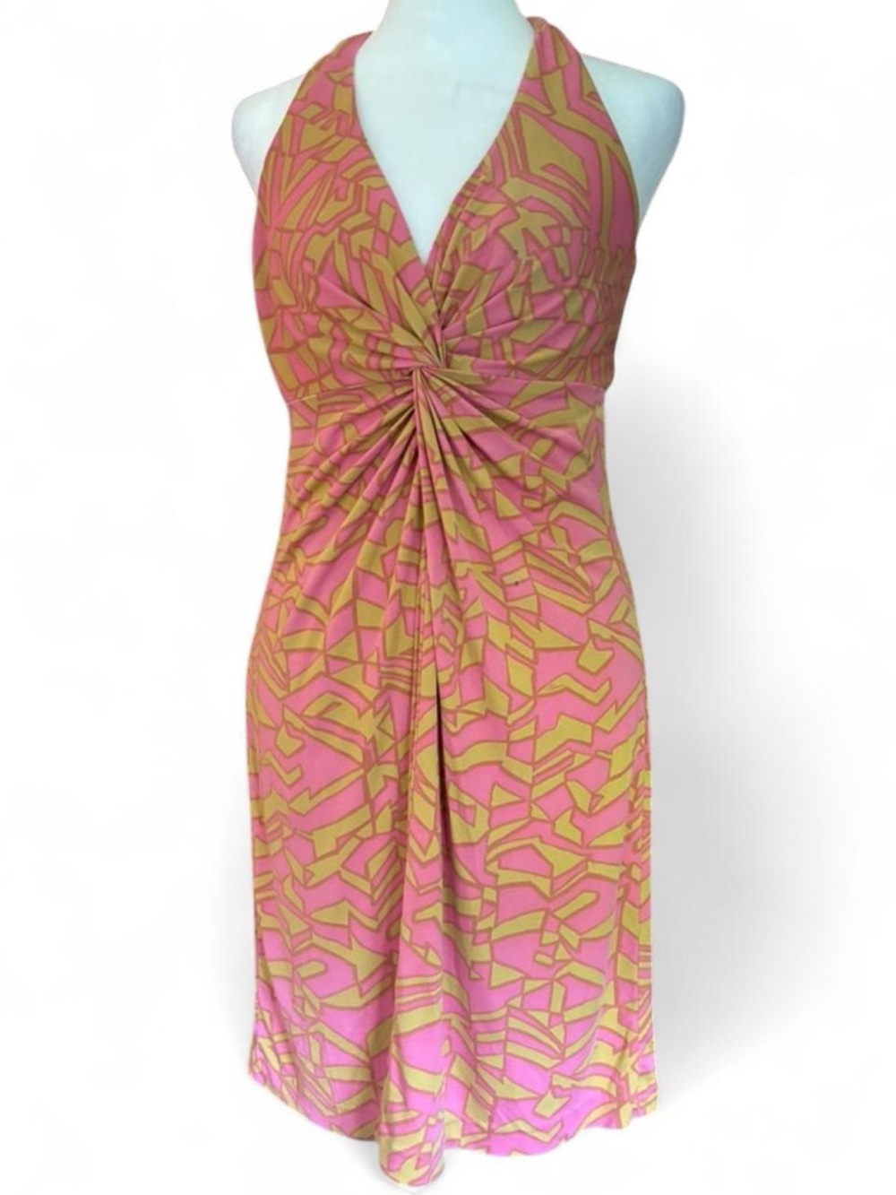 Trina Turk silk pink and gold halter dress Size 4 twist front geometric print